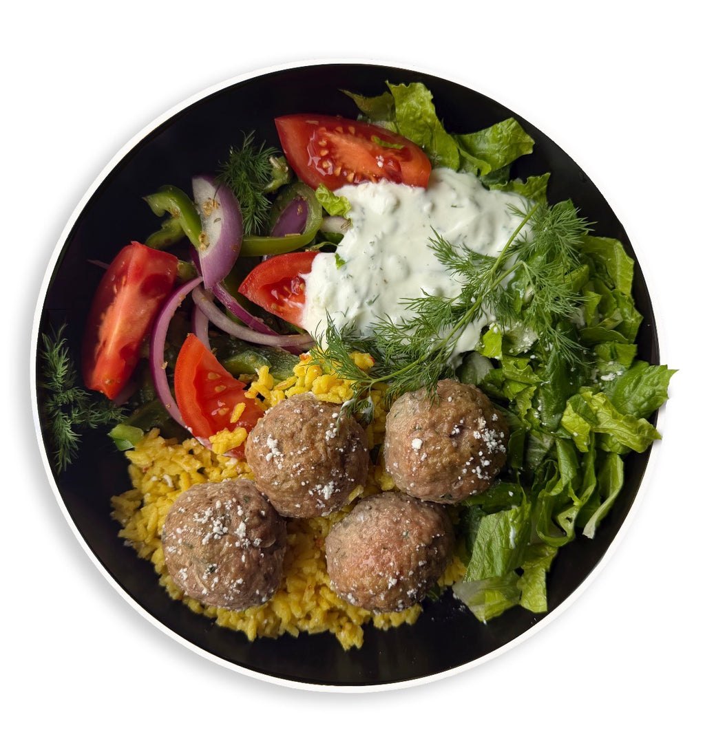 Bee Fit meatballs with rice and Greek salad